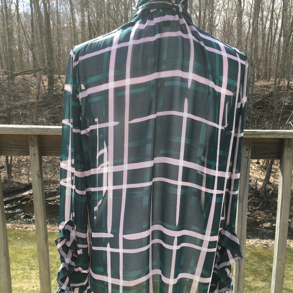 Cabi size M hunter green and rose pink sheer plaid chiffon blouse - Picture 6 of 7